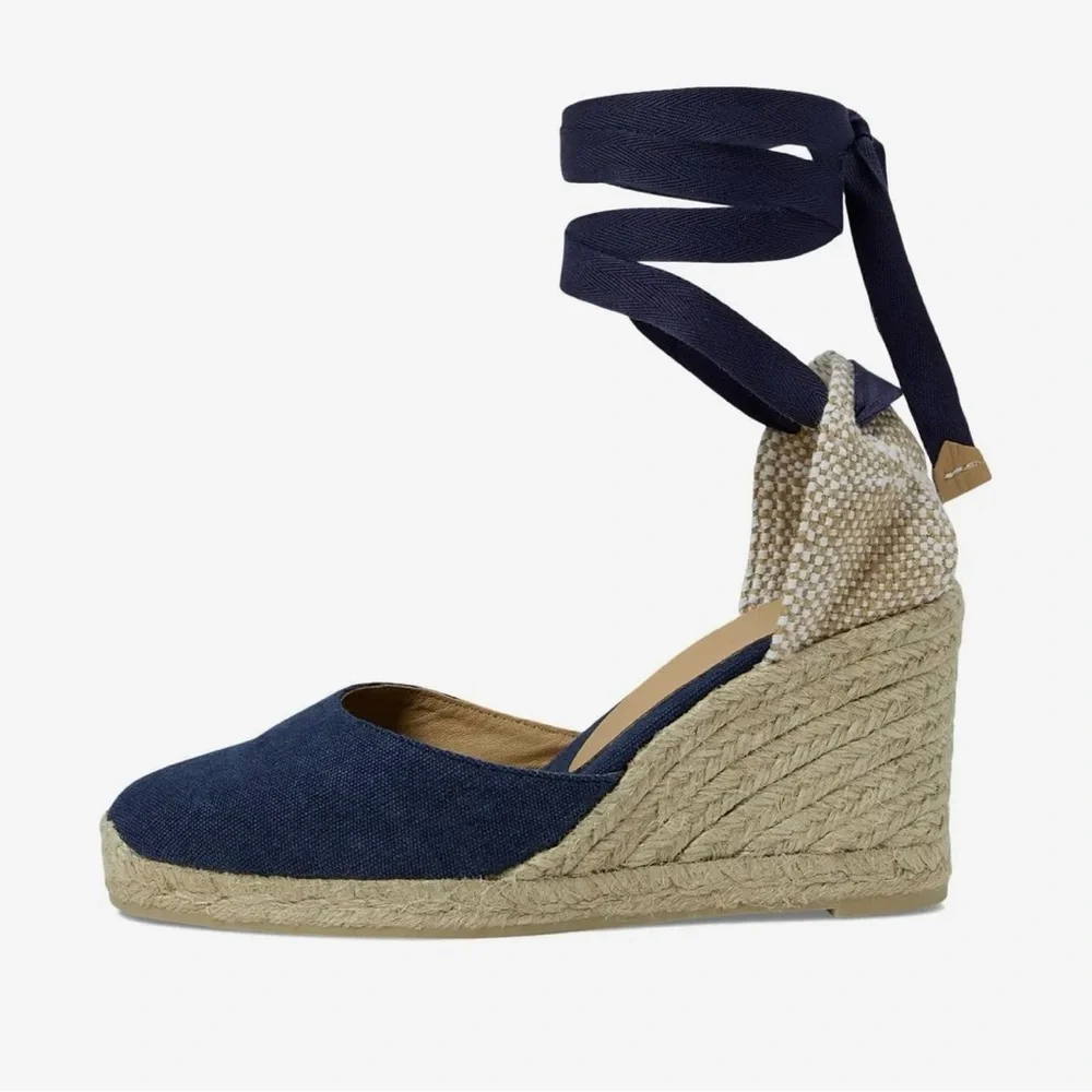 NWOB Castaner Espadrille Wedges Navy/Tan 3” heel front platform - Picture 2 of 11